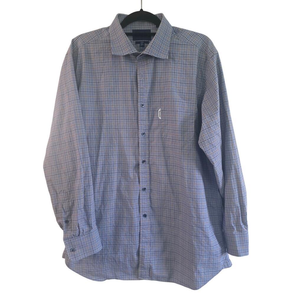 Faconnable Club Dress Shirt 17.5 L Blue Brown Check 100% Cotton Button Dow